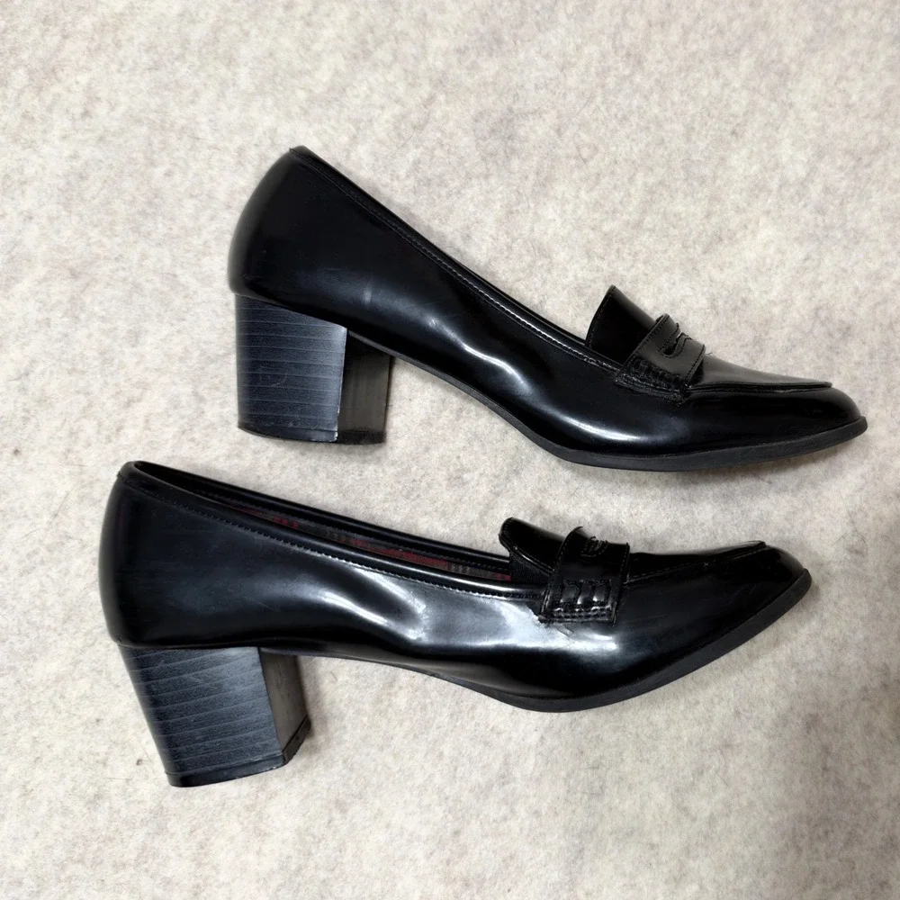 Y2K Heeled Penny Loafers Black Patent Leather Block Heel Shoes 8 Twee Preppy Mod_3